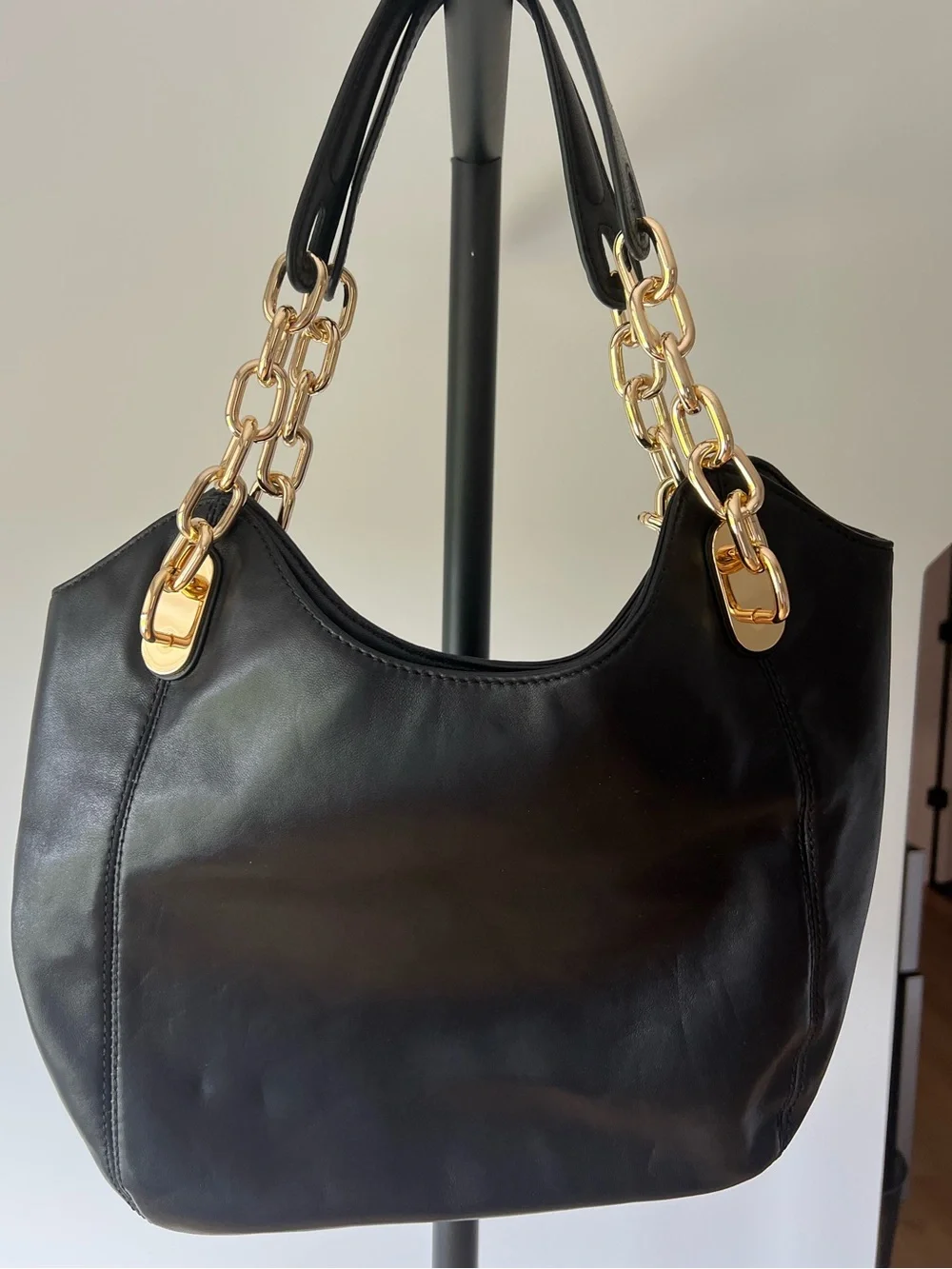 Michael Kors Black Leather Shoulder Tote with Gold Chain Handles